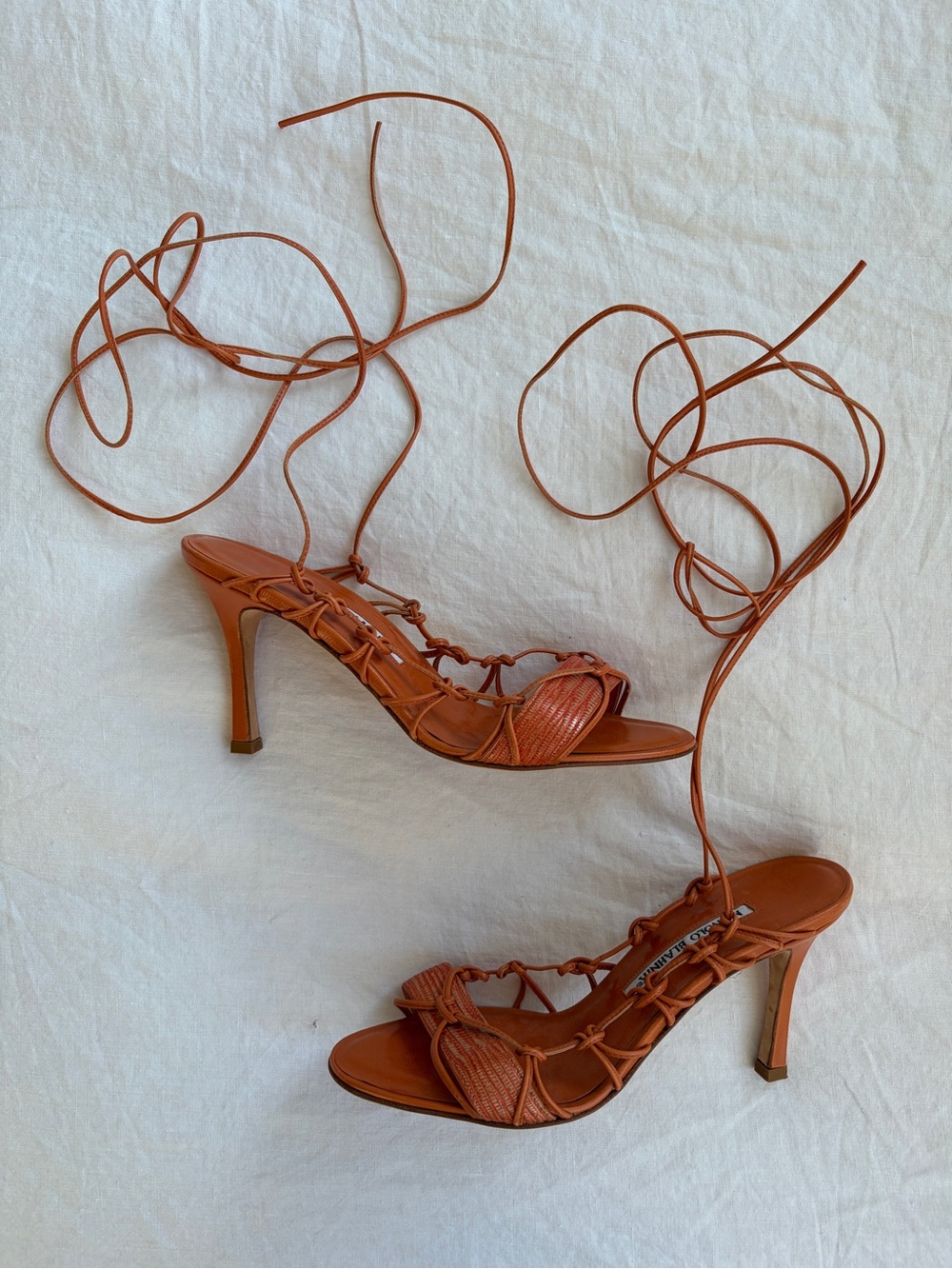 Vintage Manolo Blahnik Strappy Knotted String Wrap Tie Open Toe Heels Orange Tan - Picture 4 of 8
